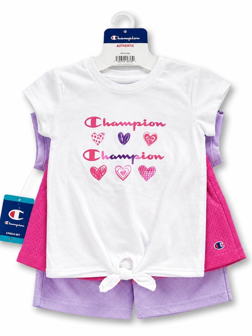 Champion White Tee with Pink & Lavender Hearts 2-Piece Pajama Set